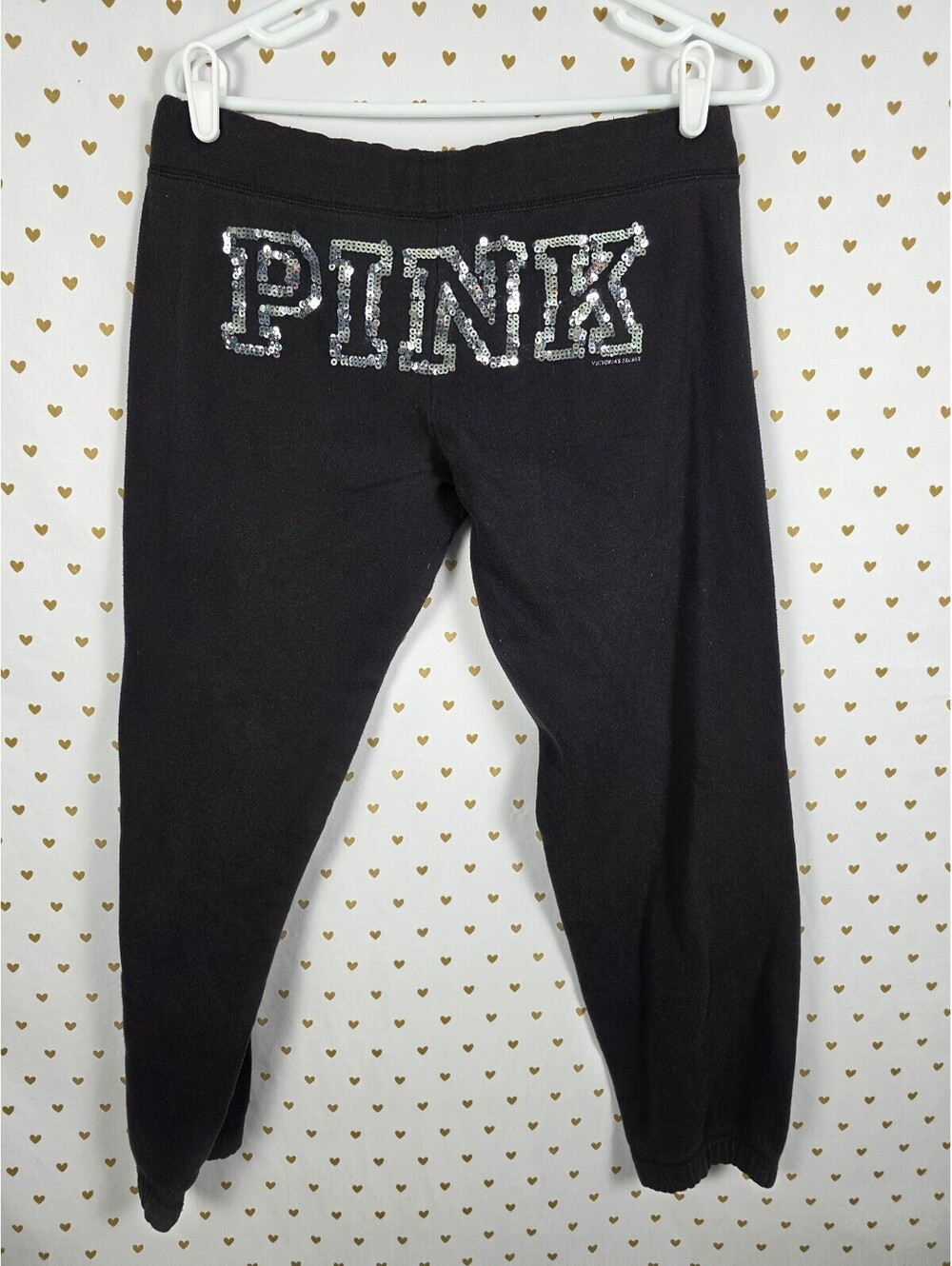 Victorias Secret PINK Vintage Y2k Black Bling Sequined Heart Sweats Sweatpants S